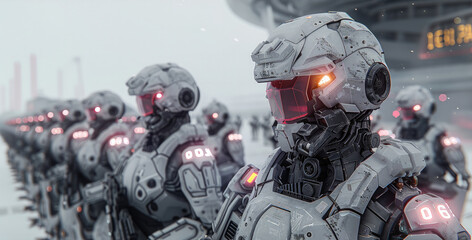 Fototapeta premium A group of soldiers wearing high-tech exoskeleton armor. Generative AI.