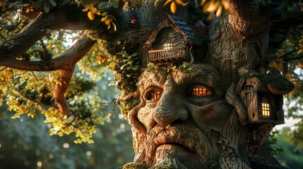 Majestic tree with a face and mouth, otherworldly fantasy scene, intricately designed house within its branches, magical glow