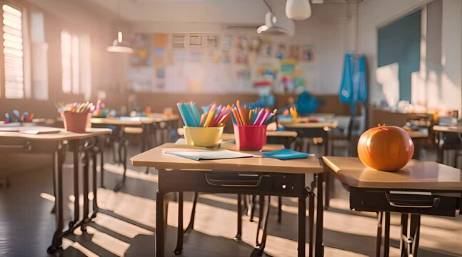 Back to school, in class, Bright classroom with colorful posters, sunlight streaming through large windows
