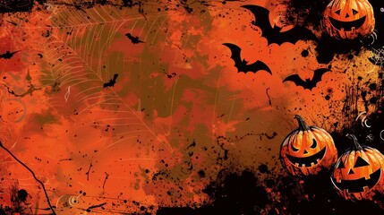 Orange and black Halloween background, jack-o'-lanterns, bats, and spiderwebs, festive and spooky, rich details