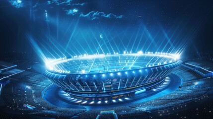 Futuristic stadium with lights. Night scene of modern city with illuminated stadium. 3D rendering