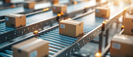 Cardboard boxes moving on a conveyor belt in a warehouse.