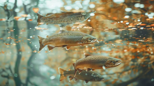Pink salmon swimming upstream to spawn, river reflecting tranquil surroundings, double exposure style, nature and serenity combined