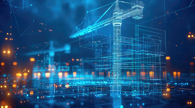 3d wireframe of construction site with tower crane, with blue glowing lines on a dark background, in the style of digital technology. blue frosted glass white acrylic material. Generative AI.