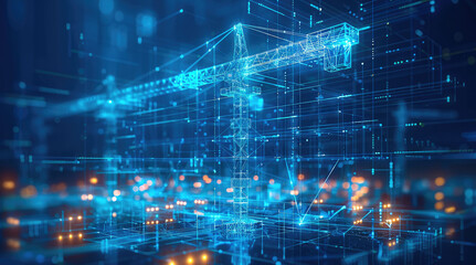 Fototapeta premium 3d wireframe of construction site with tower crane, with blue glowing lines on a dark background, in the style of digital technology. blue frosted glass white acrylic material. Generative AI.