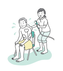 入浴介助をする介護士とシャワーを浴びる高齢男性のイラスト