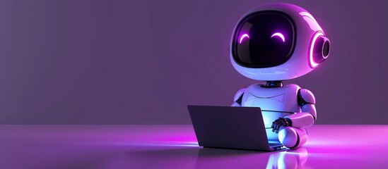 Cute friendly artificial intelligence robot using laptop computer with purple neon glow light, chatbot and AI assistant concept futuristic technology 3d illustration, banner