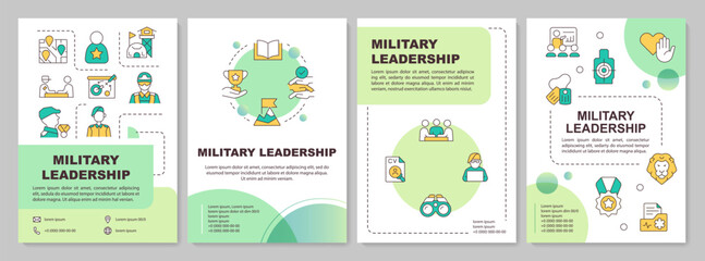 Military leadership benefits green circle brochure template. Leaflet design with linear icons. Editable 4 vector layouts for presentation, annual reports. Arial-Bold, Myriad Pro-Regular fonts used
