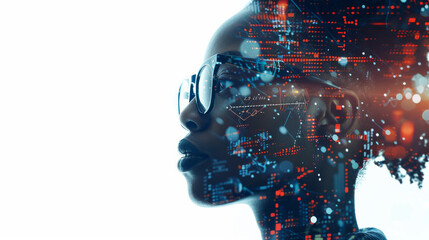 Portrait of a black afro american woman data analyst in information technology letting see data flow , professional business female with copy space