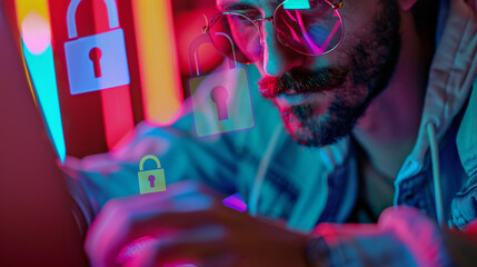 Closeup of man using a laptops computer show a privacy Lock icon on virtual screen interface to represent online safety
