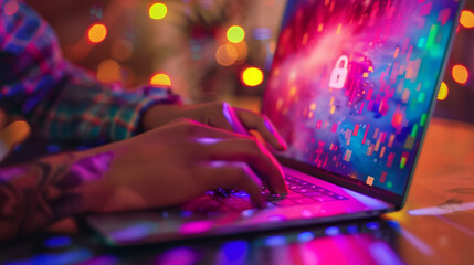 Closeup of man using a laptops computer show a privacy Lock icon on virtual screen interface to represent online safety
