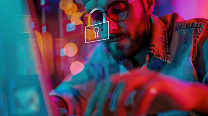 Closeup of man using a laptops computer show a privacy Lock icon on virtual screen interface to represent online safety