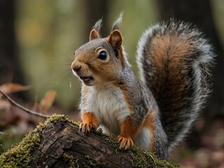 Fototapeta premium red squirrel sitting on a stump in the forest, close-up, blurred background
