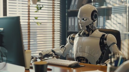 robot sitting at the desk and working in the office artificial intelligence, business and automation concept
