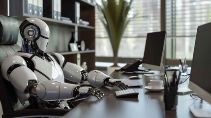 Fototapeta premium robot sitting at the desk and working in the office artificial intelligence, business and automation concept