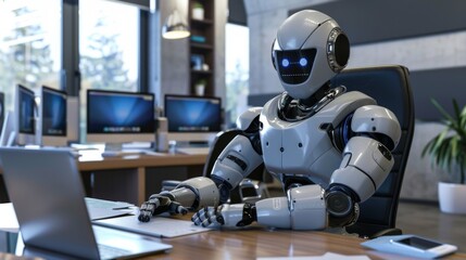 robot sitting at the desk and working in the office artificial intelligence, business and automation concept