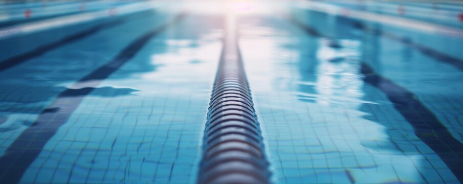 Close-up view of a swimming pool lane with calm water and sunlight, ideal for swimming, sports, and fitness-related concepts.