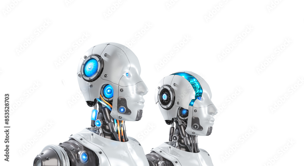 Poster 3d rendering of 2 futuristic artificial intelligence robots isolated on transparent background in perspective side view, 3D illustrations with png file