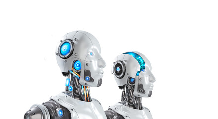 3d rendering of 2 futuristic artificial intelligence robots isolated on transparent background in perspective side view, 3D illustrations with png file
