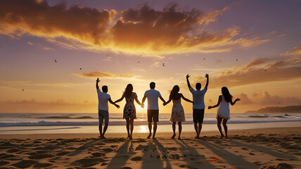 a group of people are standing around a fire that has the sun setting behind them. friendship day - Generative AI