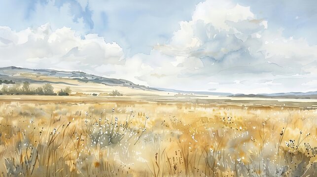 Barren monoculture field in watercolor, reduced biodiversity, no greenery, expansive view, soft and muted color palette