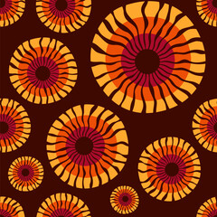 Flowers seamless color vector pattern. Abstract round organic shapes seamless pattern. Bright color shapes. Orange, yellow, brown colors. Vector seamless background. Flat vector background.
