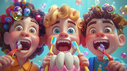 Three cartoon children with wide-open mouths brushing oversized teeth with colorful backgrounds filled bubbles. vibrant and playful fun dental hygiene practices and good oral health habits for kids.