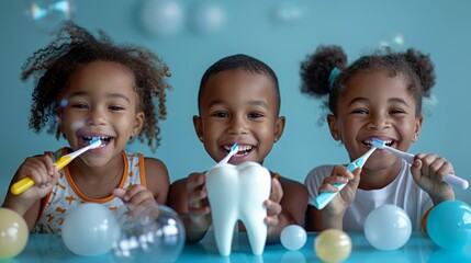 Three African American children brushing teeth with joyful expressions in bright bathroom. scene is playful, filled with bubbles, fun dental hygiene practices and good oral health habits for kids.