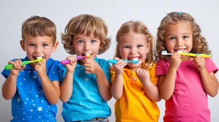 Four happy children in colorful clothes, brushing teeth with vibrant toothbrushes. Bright and cheerful promoting dental hygiene and good oral care habits. Perfect children's dental health education