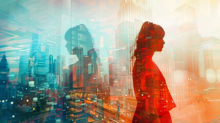 Fototapeta premium Woman in a red dress admiring the cityscape, vibrant and colorful city with unique architecture, double exposure effect, artistic and surreal