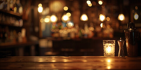glass with alcohol and ice cubes on a bar in a pub