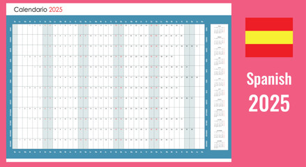 2025 grid calendar, wall planner organizer in Spanish, annual one page with copy space