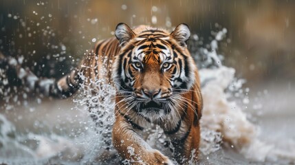 Obraz premium Siberian tiger, Panthera tigris altaica, low angle photo direct face view, running in the water directly at camera with water