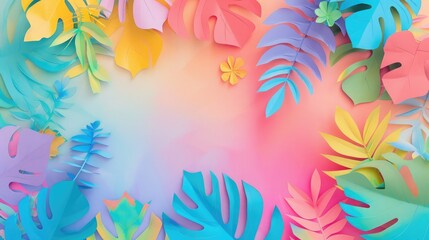 Vibrant tropical leaves in colorful paper cutout style, creating a cheerful and artistic background.