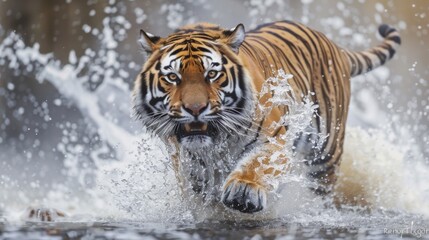 Obraz premium Siberian tiger, Panthera tigris altaica, low angle photo direct face view, running in the water directly at camera with water