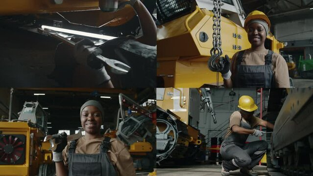 Split screen of Black female mechanic in hardhat and workwear repairing machinery and posing for camera while working in industrial factory