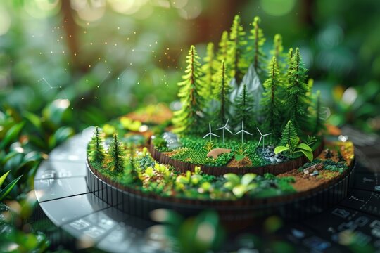 pie chart depicting carbon credit sectors with icons of industry, agriculture, forestry, and renewable energy. Set against lush green foliage backdrop, eco-friendly practices and sustainability.