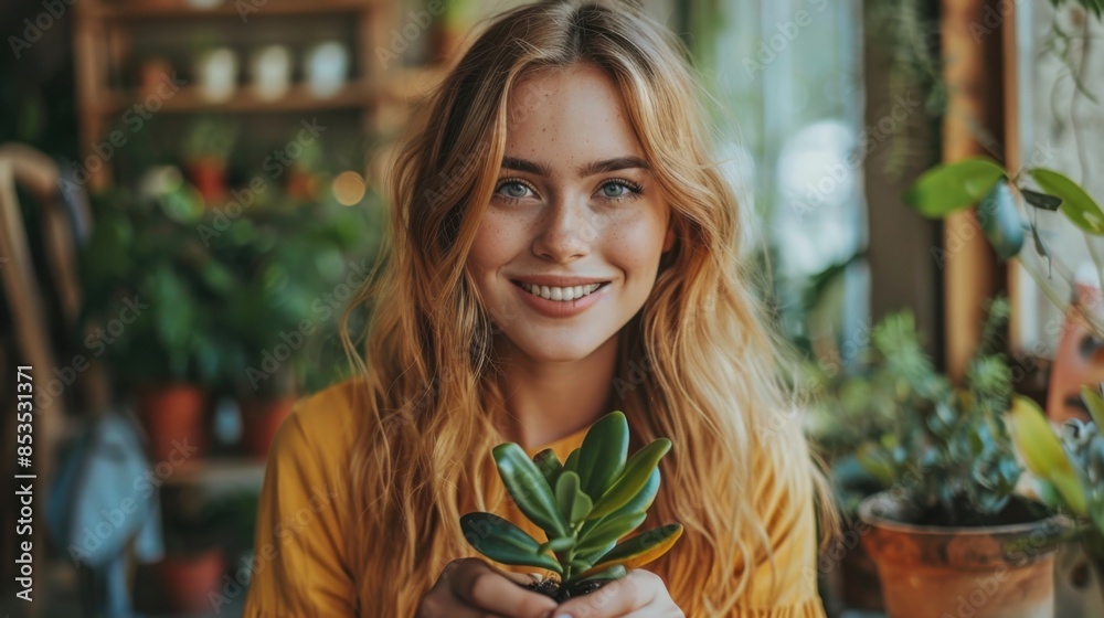 Wall mural Young woman holds houseplant in her hands