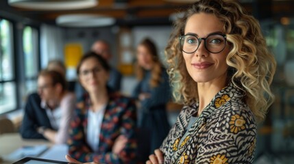 Fototapeta premium Smiling confident business leader looking at camera and standing in an office at team meeting. Portrait of confident businesswoman with colleagues in boardroom. Using digital tablet during a meeting