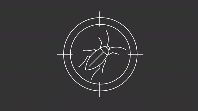Animated bug white icon. Roach focus line animation. Sniper rifle scope moving. House parasite. Termite control. Isolated illustration on dark background. Transition alpha video. Motion graphic