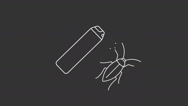 Animated sprayer white icon. Bug spray line animation. Pest fumigation products. Insecticide bottle. Isolated illustration on dark background. Transition alpha video. Motion graphic