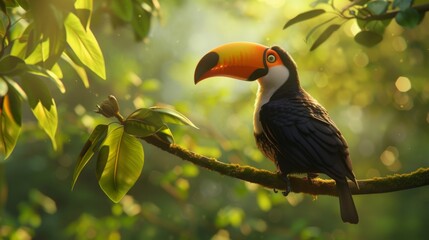 Obraz premium toucan tropical bird sitting on a tree branch in natural wildlife environment in rainforest jungle