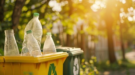 there are three empty bottles in a yellow container with a green recycle logo