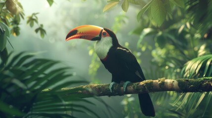 Obraz premium toucan tropical bird sitting on a tree branch in natural wildlife environment in rainforest jungle