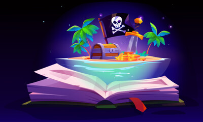 Naklejka premium Open magic fairytale book with pirate island scene on paper pages. Cartoon vector children storybook showing sea or ocean blue water, sand shore with palm trees, chest and golden coins, black flag.