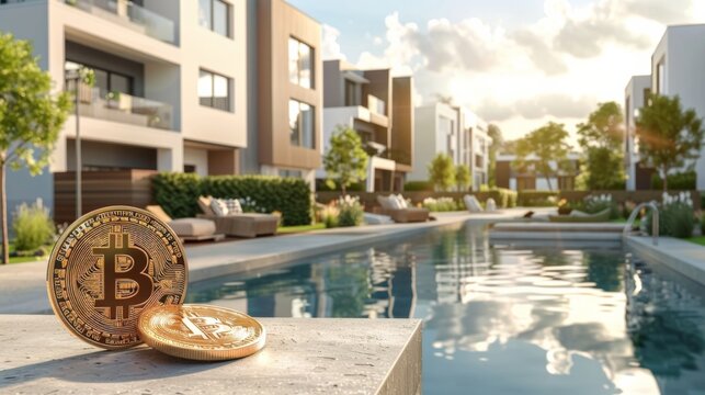 Bitcoin coin on the background of a wooden house. The concept of buying real estate and housing for cryptocurrency. BTC Crypto mining and investing. Blockchain and financial technology. Market capital