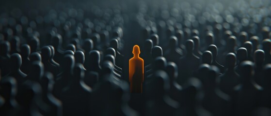Unique individual standing out in a crowd of identical figures, with a single orange figure illuminated among gray silhouettes.