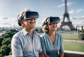 a couple wearing virtual reality glasses in front of the eiffel tower
