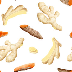 Ginger and turmeric roots with slices watercolor seamless pattern on white background. Raw curcumin vegetables herb, hand drawn natural ingredient for cooking, organic tea and curry spice