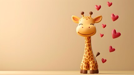 Cute 3D Cartoon Giraffe with Floating Hearts on Beige Background